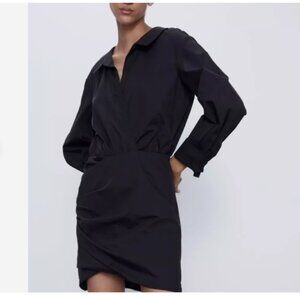 Zara Collared Long Sleeve Poplin Mini Shirt Dress
